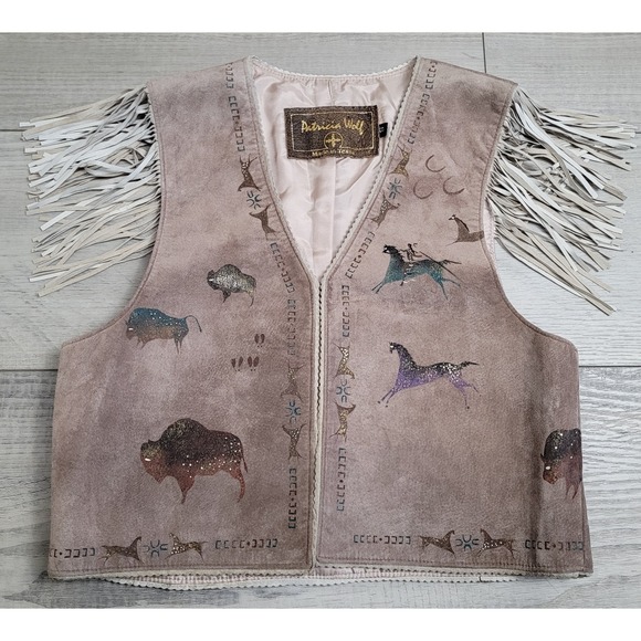 Patricia Wolf Jackets & Blazers - Vintage Patricia Wolf Vest Womens S Hand Painted Suede Fringe Western Boho Texas